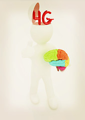 Image showing 3d people - man with half head, brain and trumb up. 4g modern in