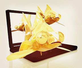 Image showing Gold fishea and laptop. 3D illustration. Vintage style.