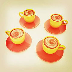 Image showing Coffee cups on saucer. 3D illustration. Vintage style.