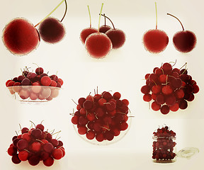 Image showing Set of fresh cherries. 3D illustration. Vintage style.
