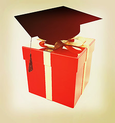 Image showing graduation hat on a red gift. 3D illustration. Vintage style.