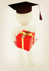 Image showing 3d man in graduation hat with gift on a white background. 3D ill