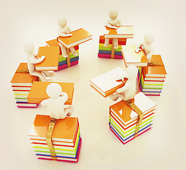 Image showing 3d mans with book sits on a colorful glossy books . 3D illustrat