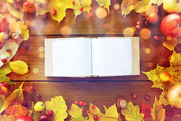 Image showing empty book with autumn leaves, fruits and berries