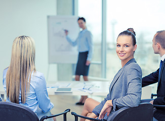 Image showing businesswoman with team showing in office