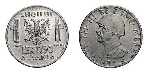 Image showing fifty 50 cents LEK Albania Colony acmonital Coin 1940 Vittorio Emanuele III Kingdom of Italy, World war II