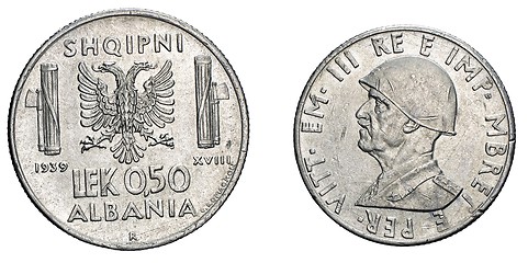 Image showing fifty 50 cents LEK Albania Colony acmonital Coin 1939 Vittorio Emanuele III Kingdom of Italy, World war II