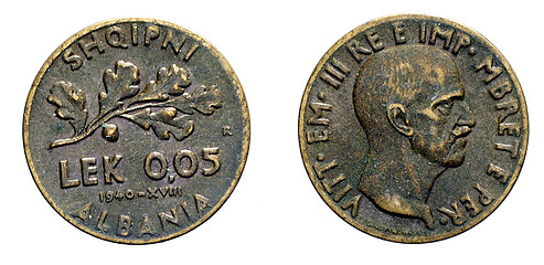 Image showing five 5 cents LEK Albania Colony acmonital Coin 1940 Vittorio Emanuele III Kingdom of Italy,World war II