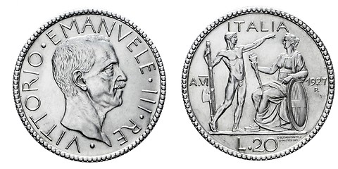 Image showing Twenty 20 Lire Silver Coin 1927 Littore Vittorio Emanuele III Kingdom of Italy