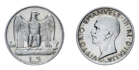 Image showing five 5 Lire Silver Coin 1928 acquilino Vittorio Emanuele III Kingdom of Italy