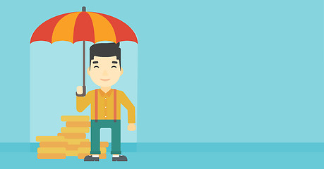 Image showing Businessman with umbrella protecting money.