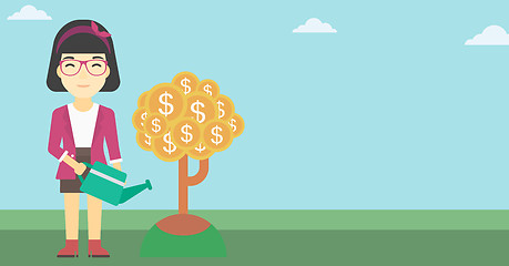 Image showing Woman watering money tree vector illustration.