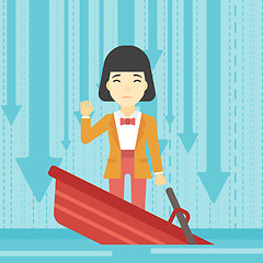 Image showing Business woman standing in sinking boat.