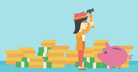 Image showing Woman breaking piggy bank vector illustration.