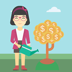 Image showing Woman watering money tree vector illustration.