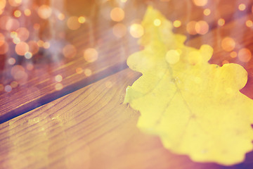 Image showing close up of yellow oak tree autumn leaf on wood