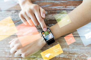 Image showing close up of female hands with news on smart watch