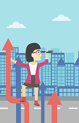 Image showing Businessman woman with spyglass on rising arrow.