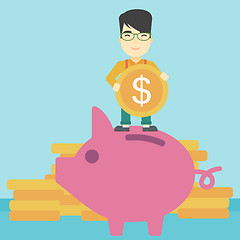 Image showing Man putting coin in piggy bank vector illustration