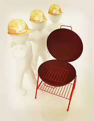 Image showing 3d mans in a hard hat with thumb up and barbecue grill. 3D illus