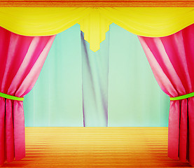 Image showing Colorfull curtains and wooden scene floor . 3D illustration. Vin
