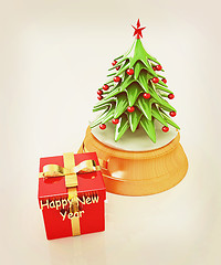 Image showing Christmas tree and gift. 3D illustration. Vintage style.
