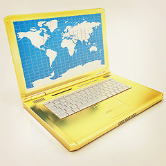 Image showing Gold laptop with world map on screen . 3D illustration. Vintage 
