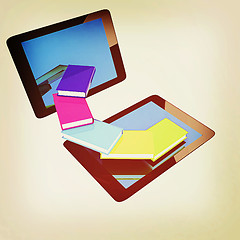 Image showing tablet pc and colorful real books. 3D illustration. Vintage styl