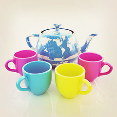 Image showing colorfull cups and teapot for earth. 3D illustration. Vintage st