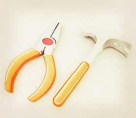 Image showing pliers and hammer. 3D illustration. Vintage style.