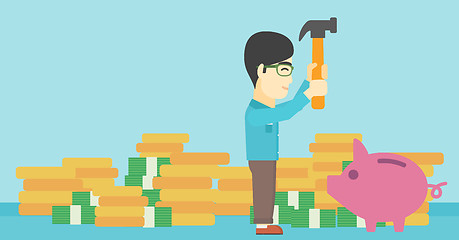 Image showing Man breaking piggy bank vector illustration.