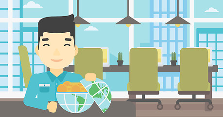 Image showing Businessman with Earth globe full of money.