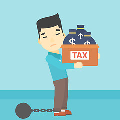 Image showing Chained businessman with bags full of taxes.