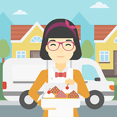 Image showing Baker delivering cakes vector illustration.