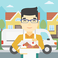 Image showing Baker delivering cakes vector illustration.