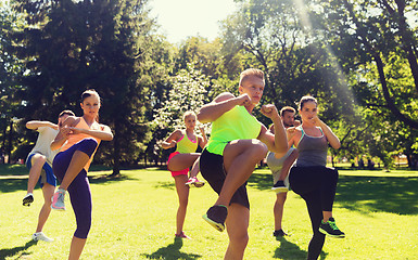 Image showing group of friends or sportsmen exercising outdoors