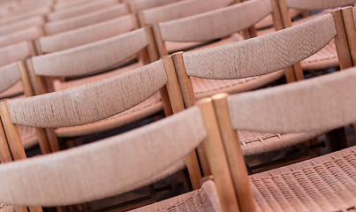 Image showing Rows of seats inside church, selective focus