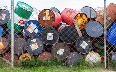 Image showing AKRANES, ICELAND - AUGUST 1, 2016: Oil barrels or chemical drums