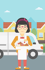 Image showing Baker delivering cakes vector illustration.