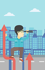 Image showing Businessman with spyglass on rising arrow.