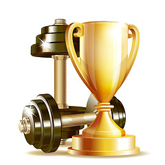 Image showing Gold cup with metal realistic dumbbells.