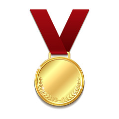 Image showing Vector gold medal on red ribbon.