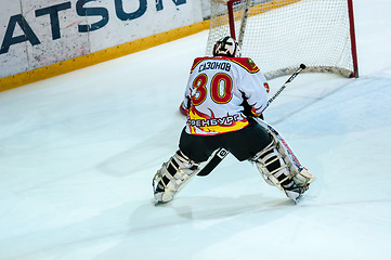 Image showing A fragment of the hockey penalty shot performed by the young hockey player 