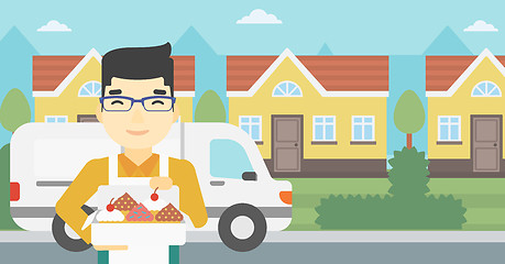 Image showing Baker delivering cakes vector illustration.