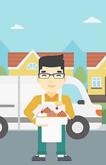 Image showing Baker delivering cakes vector illustration.