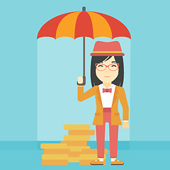 Image showing Business woman with umbrella protecting money.