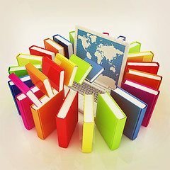 Image showing Colorful books flying and laptop . 3D illustration. Vintage styl