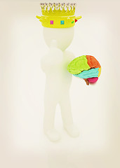 Image showing 3d people - man, person with a golden crown. King with brain. 3D