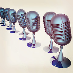 Image showing 3d rendering of a microphones. 3D illustration. Vintage style.