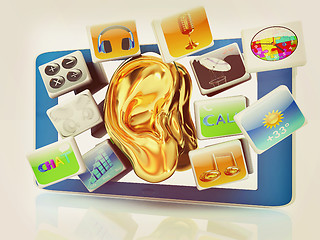 Image showing Ear gold on tablet pc with cloud of media application Icons . 3D